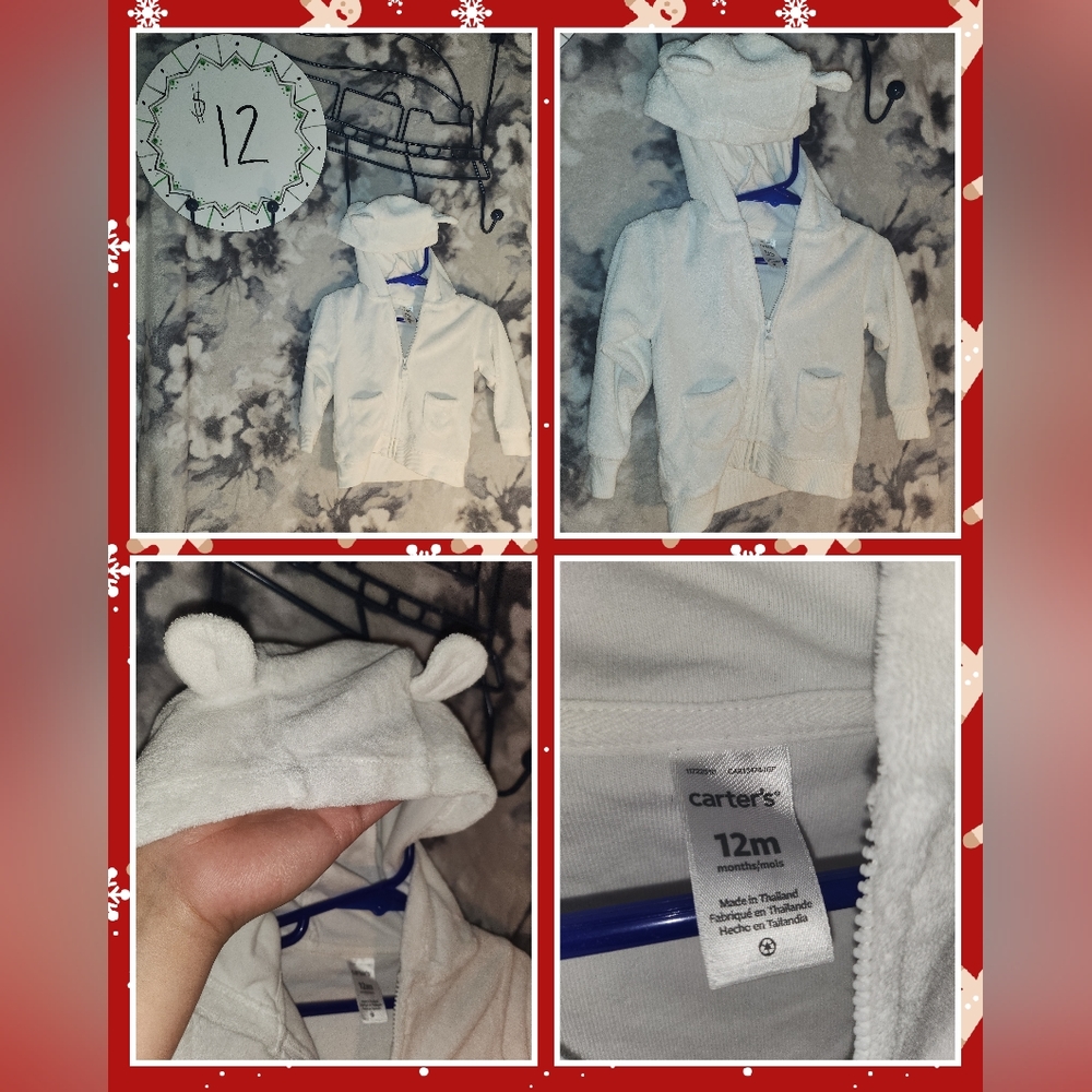Carters 12 month Hoodies Sweater White with Ears Infant Toddler 1 Year Clothes